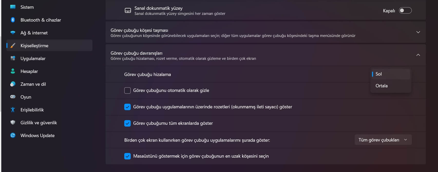 windows 11 baslat menucu cubugu sola yaslama