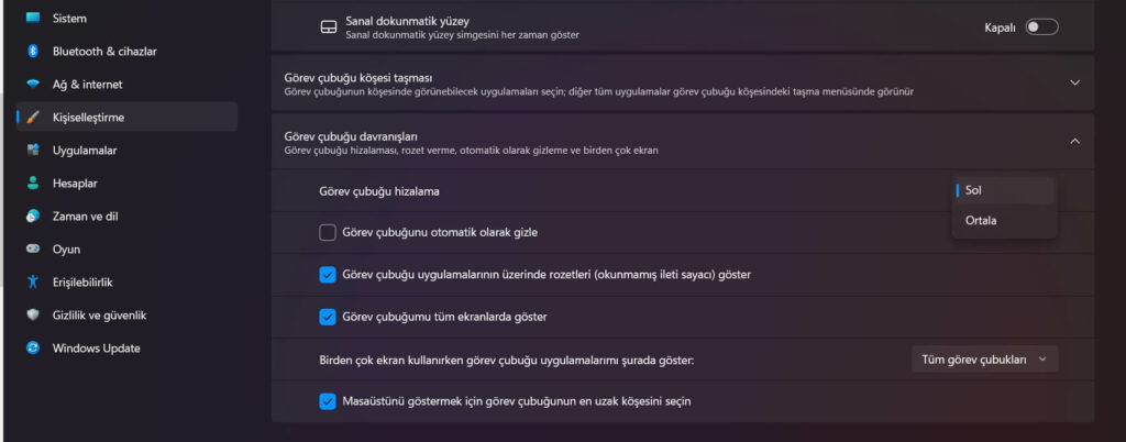 Windows 11 Başlat Menüsü Sola Alma